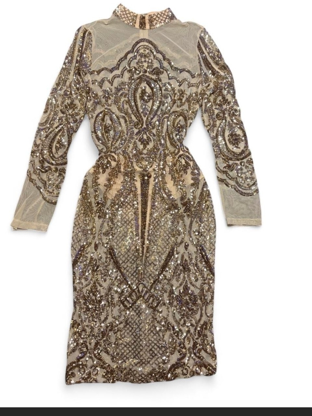 Fashion Nova Gold Sequin Long Sleeve Sheath Dress